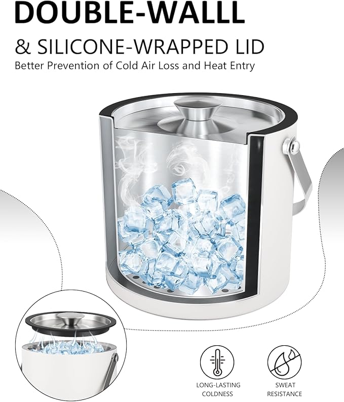 Insulated Ice Bucket with Silicone Lid, Scoop, Tongs & Strainer, 3L Stainless Steel Double Wall Ice Buckets for Parties & Cocktail Bar, Champagne Ice Bucket with Lid for Freezer, Ivory-Ruum Studio Home