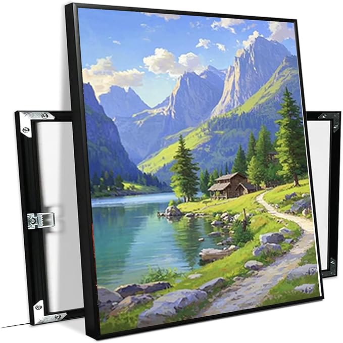 Landscape wall painting of mountain forest lakeside cabin under blue sky and white clouds natural oil painting poster suitable for living room bedroom office-Ruum Studio Home