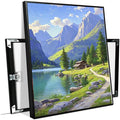 Landscape wall painting of mountain forest lakeside cabin under blue sky and white clouds natural oil painting poster suitable for living room bedroom office-Ruum Studio Home