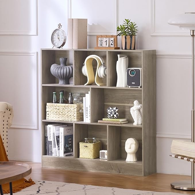 LEYAOYAO 8 Cube Bookshelf with Base,3 Tier Mid-Century Modern Grey Bookcase,Standing Wide Bookshelves Storage Organizer Shelf,Rustic Wood Display Cabinet Book Shelves for Bedroom,Living Room,Office-Ruum Studio Home