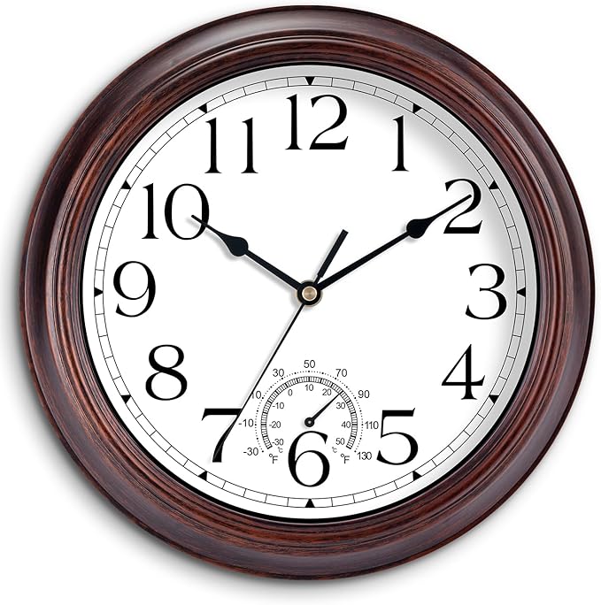 10 Inch Outdoor Wall Clock with Thermometers, Vintage Silent Wall Clocks Battery Operated, Retro Non-Ticking Clock Decorative for Living Room, Patio, Kitchen, Office, Bathroom, Bedroom(Bronze)-Ruum Studio Home