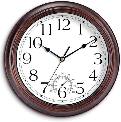 10 Inch Outdoor Wall Clock with Thermometers, Vintage Silent Wall Clocks Battery Operated, Retro Non-Ticking Clock Decorative for Living Room, Patio, Kitchen, Office, Bathroom, Bedroom(Bronze)-Ruum Studio Home