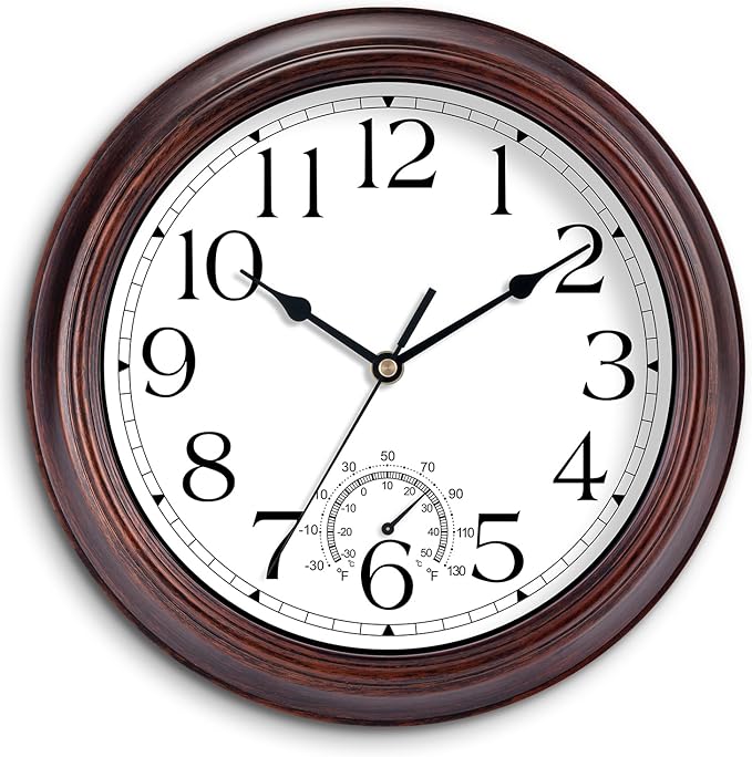 8.5 Inch Outdoor Wall Clock with Thermometers, Vintage Silent Wall Clocks Battery Operated, Retro Non-Ticking Clock Decorative for Living Room, Patio, Kitchen, Office, Bathroom, Bedroom(Bronze)-Ruum Studio Home