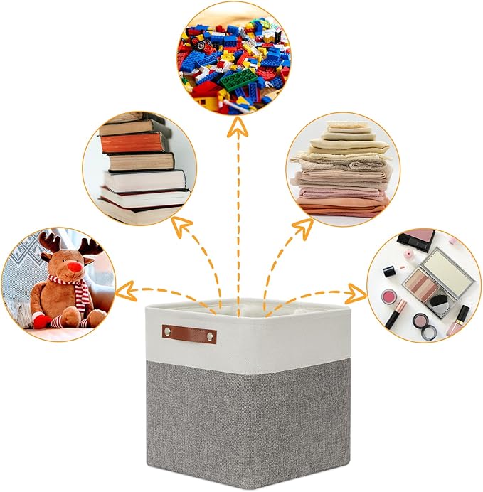 DULLEMELO [Set of 4 Storage Cubes Baskets for Organizing, 12 x 12 x 12 inch Cube Storage Organizer Bins with Leather Handles, Foldable Fabric Cloth Bins for Cube Storage(4 Pack - 12" White&Grey)-Ruum Studio Home