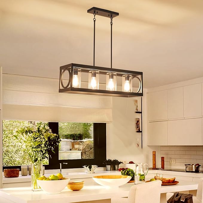 XINGQI Black Kitchen Island Light Fixtures Over Table, 31.5" Rectangular Linear Chandeliers Farmhouse Dining Room Pendant Ceiling 4-Light with Glass Lampshade for Living Room Bar Office-Ruum Studio Home