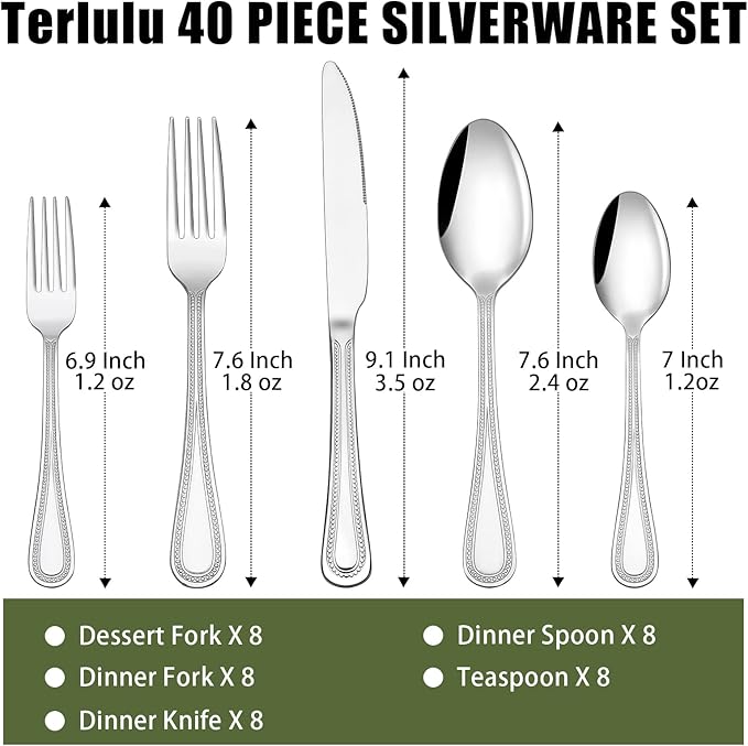 40 Piece Silverware Set for 8, Terlulu Stainless Steel Flatware Set, Mirror Polished Cutlery Set Utensil Set, Tableware Include Forks Spoons Knives for Home Restaurant, Beaded Handle, Dishwasher Safe-Ruum Studio Home