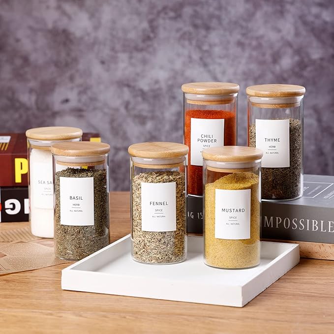 12 Pcs Glass Spice Jars With Bamboo Airtight Lids, 10oz Thicken(2.4mm) Spice Containers With 148 Minimalist Preprinted Waterproof Spice Labels, Kitchen Empty Small Storage Jars For Seasoning, Herb-Ruum Studio Home