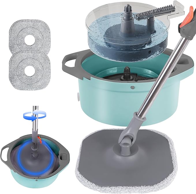 Spin Mop and Bucket with Separate Dirty and Clean Water,360° Spin Mop and Bucket System with Widening Foldable Handle,2 Replaceable Mop Pads,Square Mop for Floor Hardwood Tile Marble Wall Cleaning-Ruum Studio Home