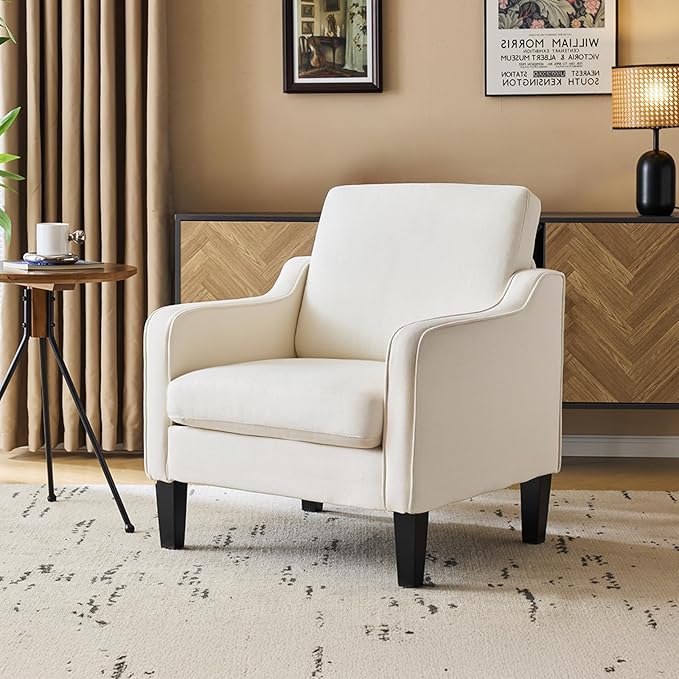 VINGLI Mid Century Modern Accent Chair, Beige Fabric Accent Chairs for Living Room Upholstered Armchair Sofa with Scooped Arms for Bedroom, Apartment, Studio, Office, Waiting Room-Ruum Studio Home