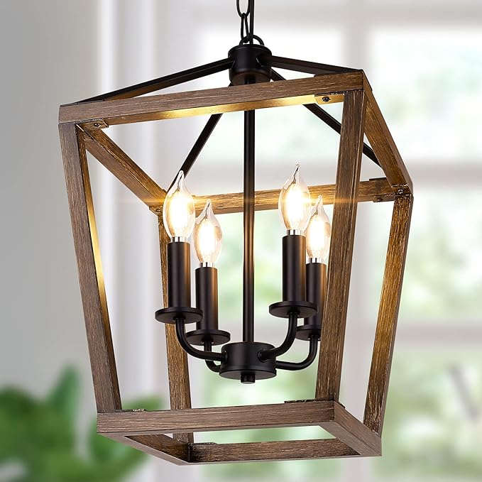 Farmhouse Chandelier Light Fixture for Kitchen Dining Room, 4-Light Rustic Pendant Hanging Ceiling Light Height Adjustable in Oak Wood Finish, Cage Lantern Lighting with E12 Base for Hallway Foyer-Ruum Studio Home