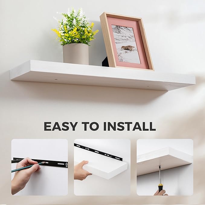 Fun Memories Handcrafted European Pine Floating Shelves - Natural Rustic Wooden Wall Shelf Set of 2-24 Inch Storage Shelf Display Shelf for Kitchen Bathroom Living Room Bedroom Farmhouse - White-Ruum Studio Home