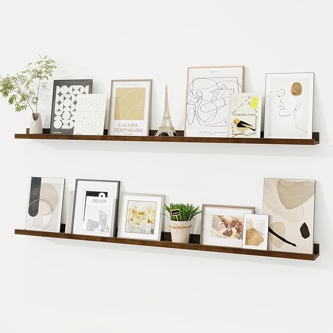 Picture Ledge Shelf, Solid Pine Wood Floating Shelves Set of 2, 48 Inches Nursery Book Shelves for Toys Storage, Kids Bookshelf Wall Mounted for Living Room Bedroom Decor Books Photo Frames, Walnut-Ruum Studio Home