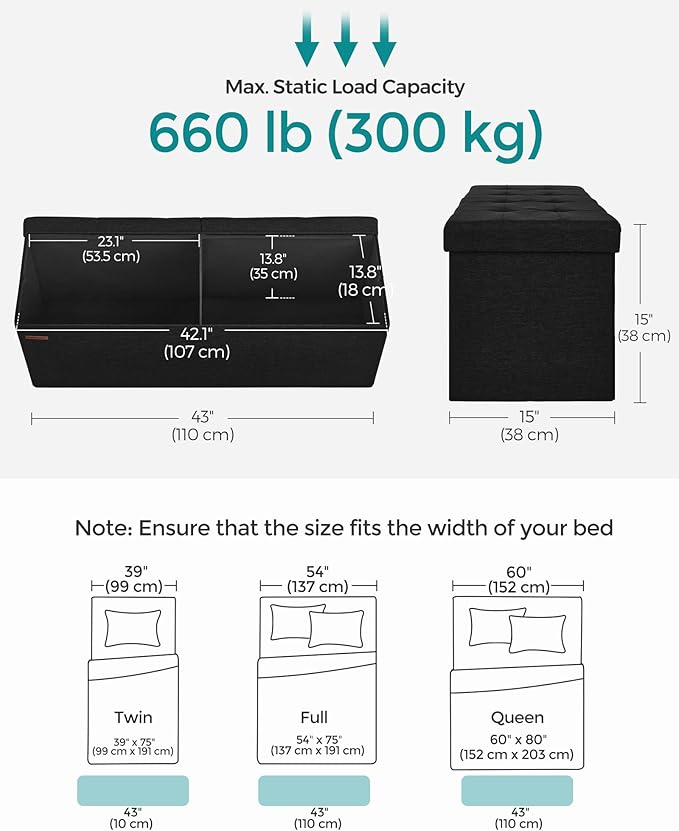 SONGMICS MAZIE Collection - 43 Inches Folding Storage Ottoman Bench, Ottoman Foot Rest, End of Bed Bench, Storage Chest, Load 660 lb, for Living Room, Bedroom, Entryway, Ink Black ULSF077B01-Ruum Studio Home