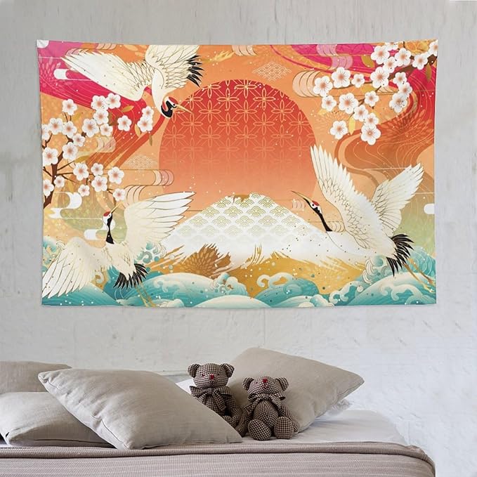 HZOHNAGO Japanese Tapestry Cherry Blossom Crane Sea Wave Fuji Mountain Red Sun Pattern Printed Wall Tapestry Painting Wall Hanging for Bedroom Living Room Dorm 90" W x 60" H-Ruum Studio Home