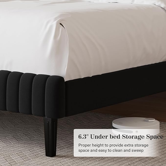 King Size Bed Frame, Velvet Upholstered Platform Bed with Vertical Channel Tufted Headboard and Footboard, No Box Spring Required, Easy Assembly, Black-Ruum Studio Home