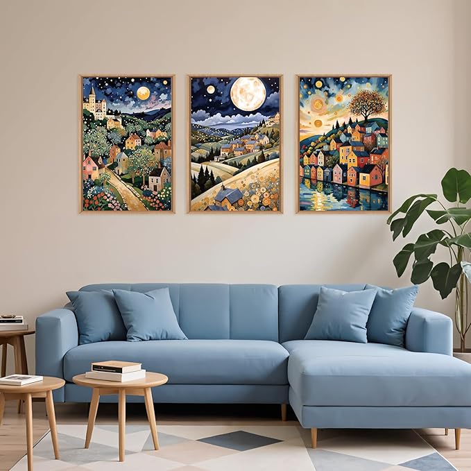 LHIUEM Large Abstract Colorful Framed Canvas Wall Art,Retro Night Village Wall Decor,Natural Moon Stars Wall Painting,Gustav Klimt Scenery Artwork for Living Room,Bedroom,Dining Room,Office -24"x36"x3-Ruum Studio Home