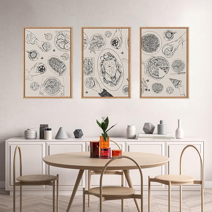 HPINUB Vintage Food and Drink Framed Canvas Wall Art Set,Sketch Pizza Cheers Wall Decor,Thanksgiving Dinner Turkey Artwork,Black and white Art Prints for Kitchen,Dining Room,Gatherings Decor-16"x24"x3-Ruum Studio Home