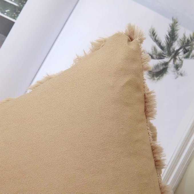 decorUhome Throw Pillow Covers 24x24 Inch Set of 2, Soft Plush Decorative Faux Fur Light Brown Solid Couch Pillow Covers, Accent Farmhouse Neutral Square Euro Pillow Cases for Sofa Bed Living Room-Ruum Studio Home