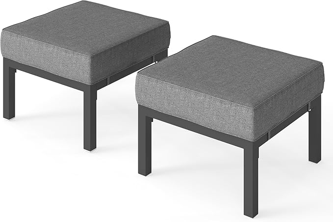 Solaste Outdoor Footstools Patio Ottoman Set of 2, Aluminum All-Weather Outdoor Footrest Seat with Removable Cushions, Patio Furniture Ottomans for Garden, Backyard, Poolside-Gray-Ruum Studio Home