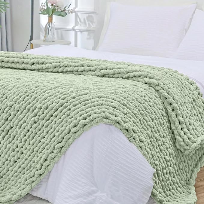 Bigacogo Chunky Knit Throw Blanket for Couch, 40x80 inches, 100% Hand Knitted with Thick Jumbo Chenille Yarn, Cozy Soft Large Rope Knot Cable Crochet Blankets for Sofa Bed Living Room, Sage Green-Ruum Studio Home