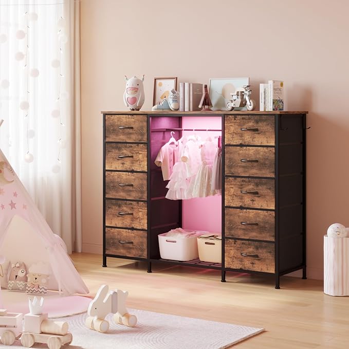 LUMTOK 55W 2-in-1 Dresser with Hanging Rack, 10 Drawers Dresser for Bedroom,Dressers with Fabric Drawers,LED Lights, Charging Station and Hanging Racks for Bedroom (Rustic Brown)-Ruum Studio Home