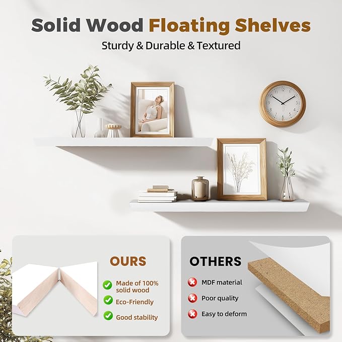 36"x6.8"x1.6" Slanted Floating Wall Shelves 2-Pack - Rustic White Finish, Heavy-Duty Solid Wood Design with Hidden Brackets - Perfect for Living Room, Kitchen, Bathroom, or Office-Ruum Studio Home