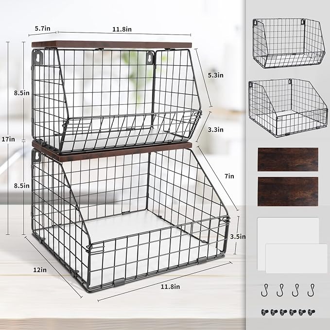 Fruit Basket, Stackable Wall Mounted Fruit Baskets, Potato Baskets Onion Storage for Kitchen, Hanging Wire Basket with Wood Lid, 2-Tier Vegetable Organizer Kitchen Countertop Organization-Ruum Studio Home