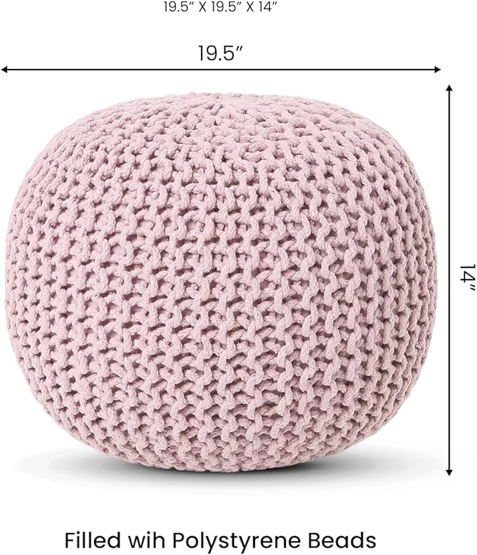 REDEARTH Round Pouf Ottoman - Hand Knitted Boho Poof Home Décor Pouffe Circular Footrest for Living Room - Bedroom - Lounge - 100% Cotton (19.5"x19.5"x14") - Pale Pink-Ruum Studio Home