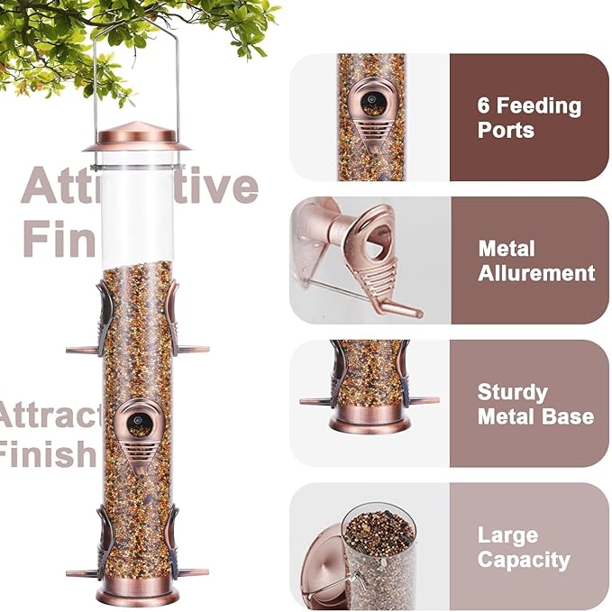 MIXXIDEA Metal Tube Bird Feeders for Outdoors - 6 Ports Hanging Feeder Attracts Wild Birds in Your Lawn, Garden, Balcony - Antique Copper - 1 Pack-Ruum Studio Home