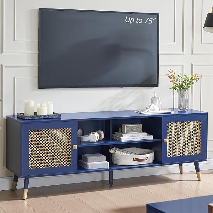 Mid Century Modern Entertainment Center, Blue TV Stand for TVs up to 75", Boho Tv Furnitures with Storage Cabinet and Shelves, Tv Console Media Center with Gold Metal Mesh Doors for Living Room-Ruum Studio Home