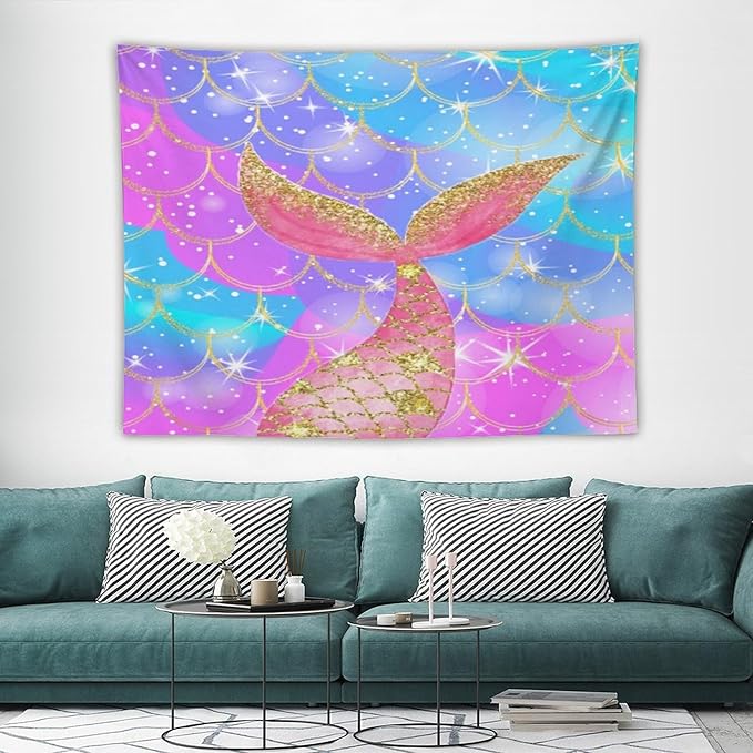 HZOHNAGO Mermaid Scales Tapestry Colorful Shiny Scales Mermaid Tail Pattern Printed Wall Tapestry Wall Hanging for Bedroom Living Room Dorm 80" W x 60" H-Ruum Studio Home