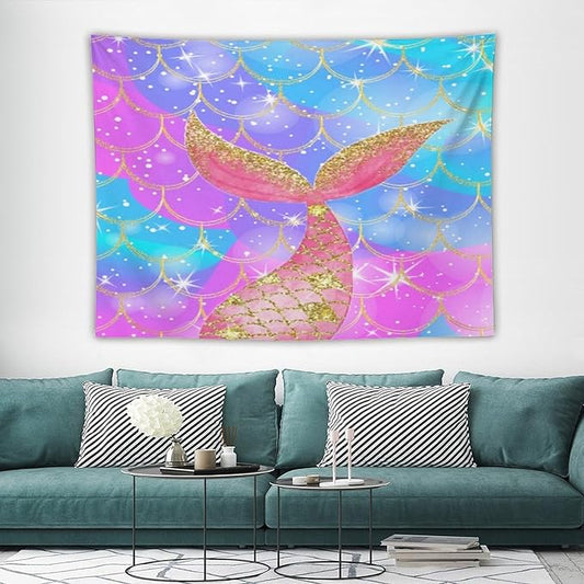 HZOHNAGO Mermaid Scales Tapestry Colorful Shiny Scales Mermaid Tail Pattern Printed Wall Tapestry Wall Hanging for Bedroom Living Room Dorm 80" W x 60" H-Ruum Studio Home