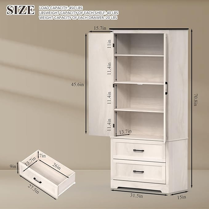 71" Kitchen Pantry Storage Cabinet, Barn Doors Tall Storage Pantry Cabinet with Drawers & Adjustable Shelf, Modern Farmhouse Cupboard Wood Pantry for Kitchen, Living Room, Dining Room, Oak Beige-Ruum Studio Home