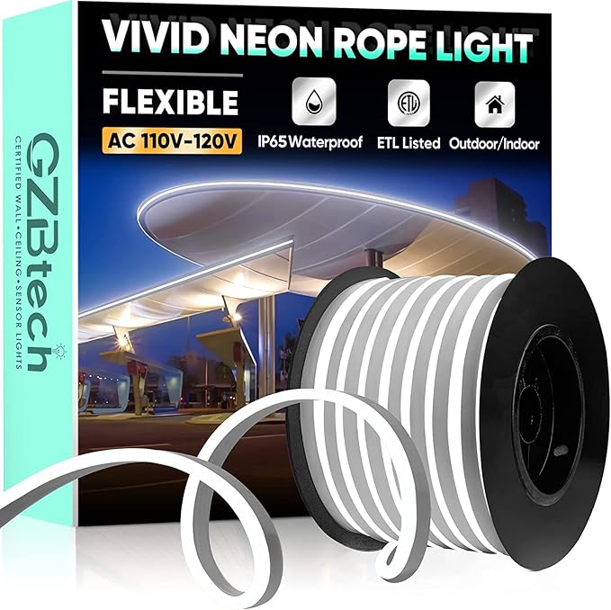 GZBtech Flexible LED Neon Rope Lights 66FT,AC 110-120V Waterproof Strip Light, 120 LEDs/M Cuttable Connectable Neon Lighting for Indoor Outdoor Home Decor/Commercial Building Use-Cold White 20M-Ruum Studio Home