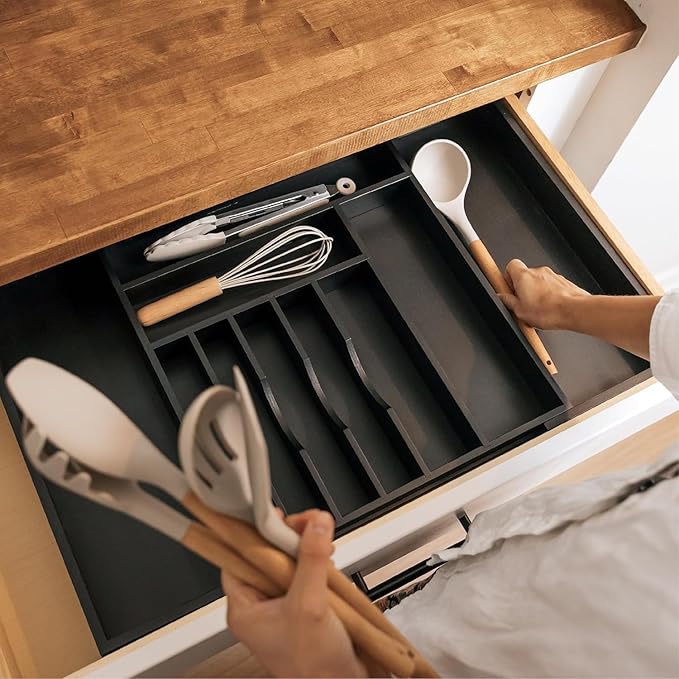 Premium Silverware, Flatware and Utensil Organizer for Kitchen Drawers, Food-Safe Contract Grade, Expandable from 16 to 28 In, Black Bamboo-Ruum Studio Home