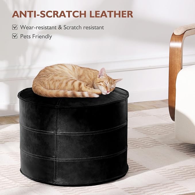 Round Leather Ottoman,Handmade Stuffed Ottoman,Genuine Leather Pouf, Foot Rest Pouf,Comfortable Soft Seating for Living Room & Bedroom (Black, Round)-Ruum Studio Home