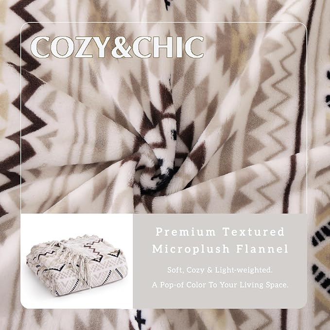 CASAAGUSTO Boho Throw Blanket - Beige and Gray Decorative Blankets with Tassel, Printed Flannel Bohemian Blanket for Chair, Bed, Sofa, Couch(60 * 80, Beige and Gray)-Ruum Studio Home