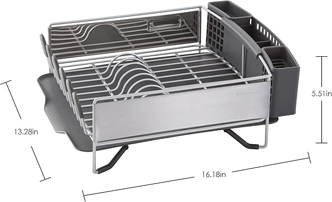 KitchenAid Compact Space Saving, Dish Rack with Removable Flatware Caddy and Angled Self Draining Drainboard, Satin Gray, 15-Inch-by-13.25-Inch-Ruum Studio Home