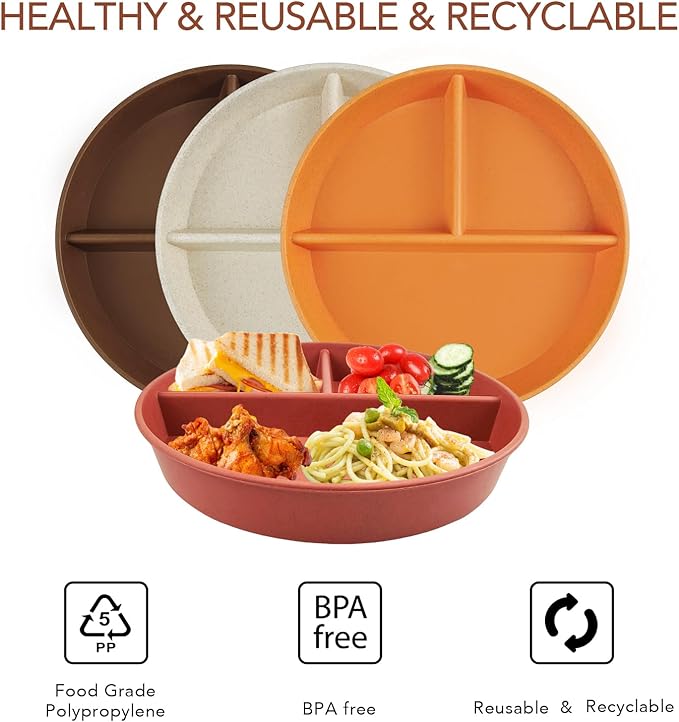 greenandlife 9 Inch 4PCS Portion Control Plates with Lids, Divided Plates for Kids Adults, Dishwasher Microwave Safe Compartment Plate Set, Unbreakable Lightweight Reusable Wheat Straw Plate, Sunset-Ruum Studio Home