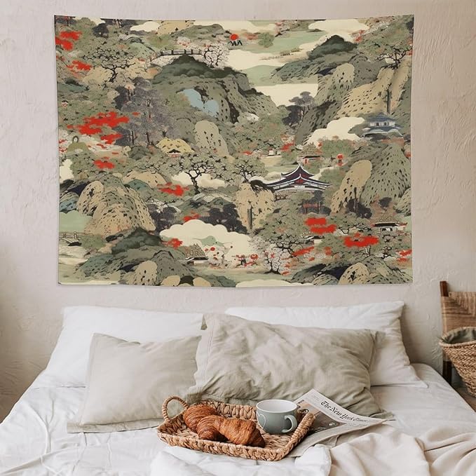 Asian Tapestry,Japanese Red Landscape Asian Watercolor Abstract Art Tapestry, Asian Japanese Wall Tapestry, Nature Landscape Tapestries for Bedroom Living Room Decor 80"x60"-Ruum Studio Home