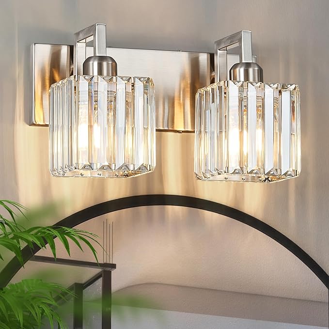 Modern Bathroom Vanity Light 2-Lights Brushed Nickel Vanity Light Crystal Wall Light Bathroom Light Fixtures-Ruum Studio Home