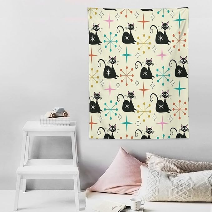 ICMOLYYENLO Abstract Cat Tapestry, Medieval Abstract Atomic Star Cat Vintage Home Wall Hanging Art Tapestry for Bedroom Living Room Dormitory 60x80 Inch-Ruum Studio Home