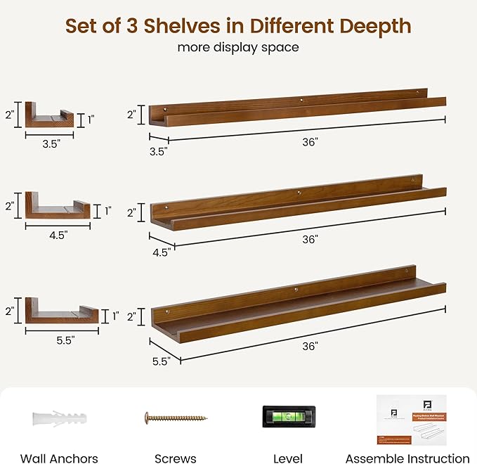 Picture Ledge Wall Shelves 36 inches Width Set of 3, Solid Pine Wood Rustic Floating Ledge Shelves for Wall for Kids' Room Bedroom Kitchen Bathroom Living Room Nursery Display Wall Decor, Walnut-Ruum Studio Home