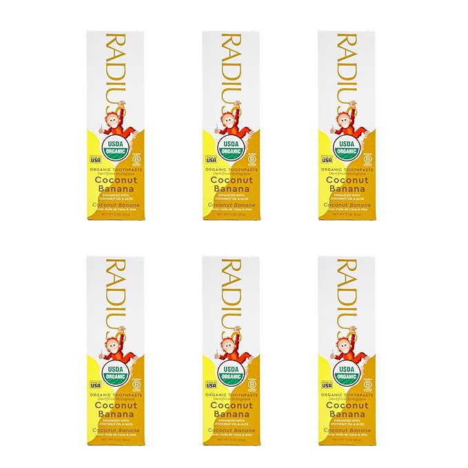 RADIUS USDA Organic Kids Toothpaste 3oz Non Toxic Chemical-Free Gluten-Free Designed to Improve Gum Health for Children's 6 Months and Up - Coconut Banana - Pack of 6-Ruum Studio Home