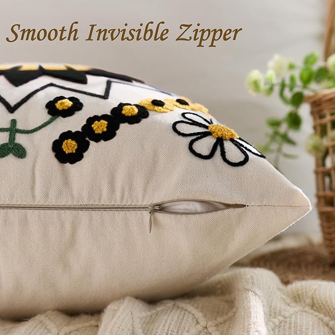 Embroidered Throw Pillow Cover 18x18 Classic Boho Floral Pattern Pillows Cover Outdoor Decorative Pillowcase,Durable Cozy Textured Cushion Case for Sofa Couch Bed Living Room,Black Orange-Ruum Studio Home