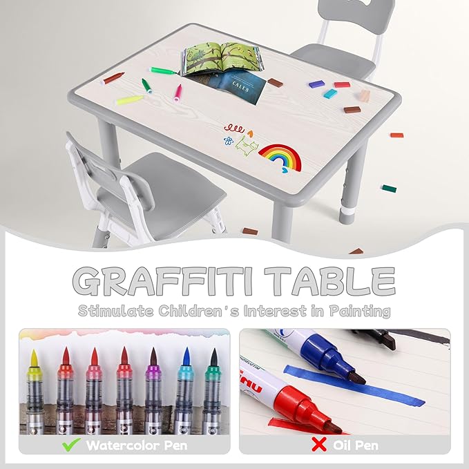 Toddler Table and Chair Set, Height Adjustable-Upgrade Kids Table and 2 Chairs for Ages 3-8, Multi-Activity Toddler Play Table with Graffiti Desktop for Home/Daycare/Classroom-Ruum Studio Home