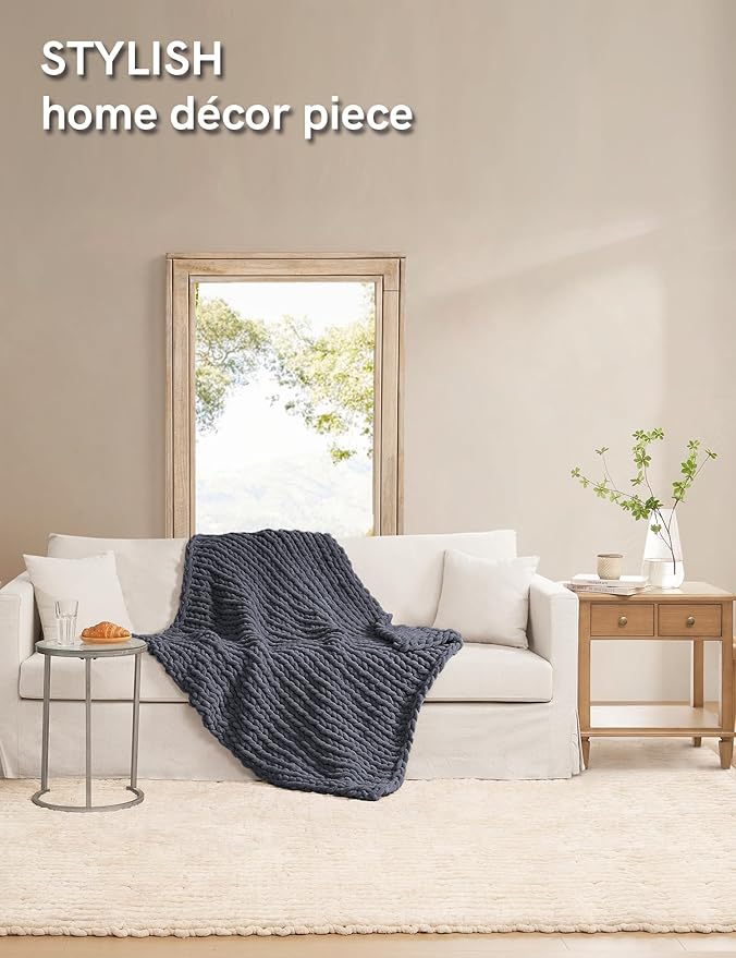 YnM Chunky Throw Blanket, Medium-Weight, Hand Knitted with Chenille Yarn, Skin Friendly, Ventilated and Breathable, Machine Washable, Home Décor Piece for Couch, Sofa and Bed (Lava Grey, 40x50 Inch)-Ruum Studio Home