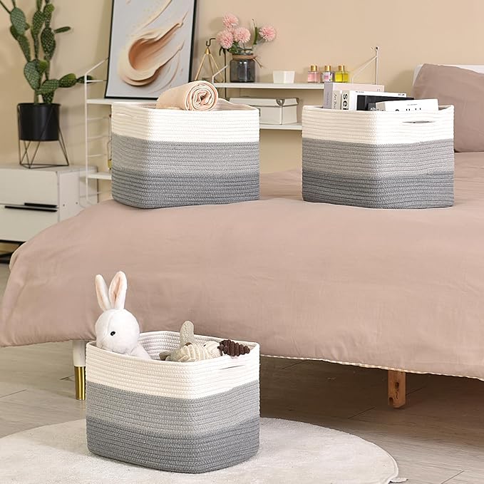 Storage Baskets for Organizing Shelves, Woven Cotton Rope Baskets for Storage Books Towels Toys, Organizing Baskets, Toy Basket for Nursery Bathroom, 15"x11"x9.5", 3 Packs, Gradient Grey-Ruum Studio Home