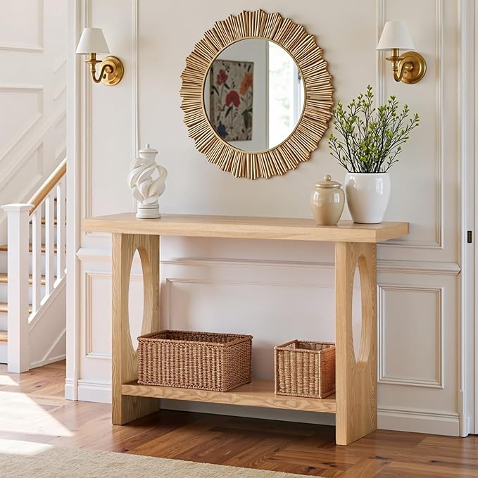 BECHAEO 47-Inch Farmhouse Narrow Console Table, 2'' Thickened Entryway Table with Solid Wood Veneer, 2-Tier Sofa Tables Behind Couch, Rectangle Hallway Tables for Living Room, Foyer Rustic Oak-Ruum Studio Home