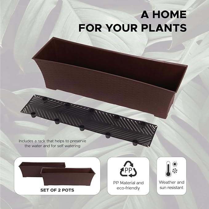 Elly Décor Set of 2 24x8 Rectangular Modern, Resistant and Self Watering Planter with Rattan-Like Finish, 24", Chocolate Brown-Ruum Studio Home